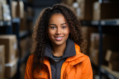 portrait of a smiling female warehouse employees reading a clipboard an checking packages on shelf in a large logistics center backgroundの素材