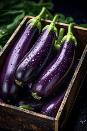 top view of full frame eggplants with glistening droplets water in wooden boxの素材