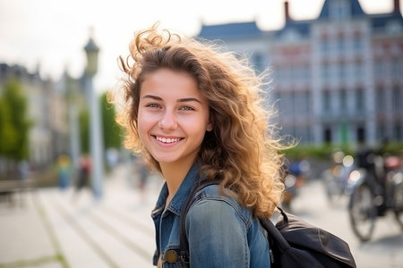 portrait cheerful tourist push a bike in eu metropolis backgroundの素材