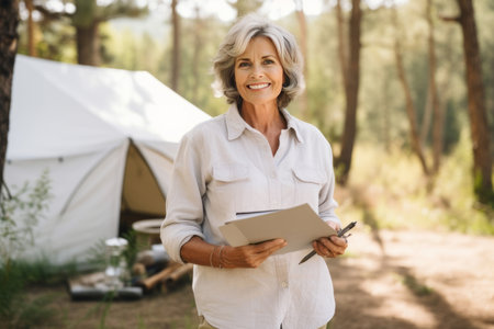 Portrait of pretty senior woman in white casuals writing journal besides tent in forestの素材