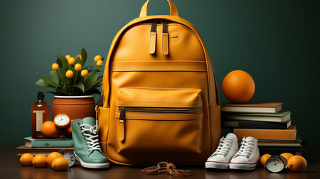 school supplies with a backpack, in the style of dark yellow and light greenの素材