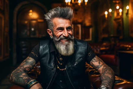 smiling old tattooed fashion man with bold hair smoking a cigaretteの素材