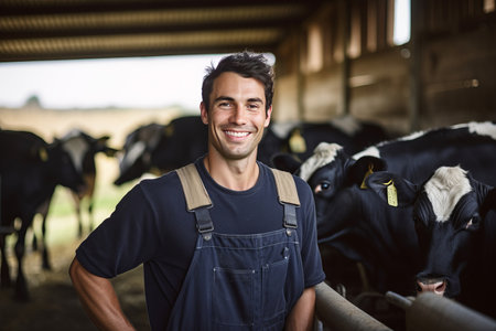 portrait a smiling young farmer in a barn feed cowsの素材