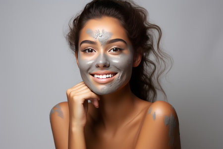portrait of a smiling happy young beautiful woman smiling while pampering his skin with a face mask on white backgroundの素材
