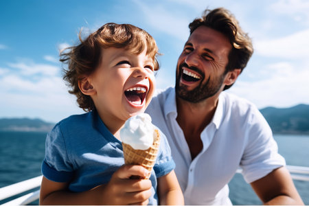 father and son enjoying melting ice cream coneの素材