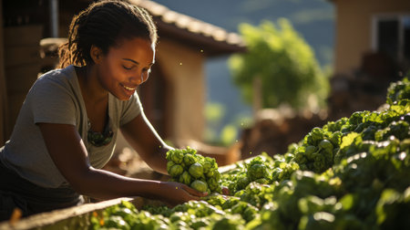woman harvests vegetables in her garden.の素材
