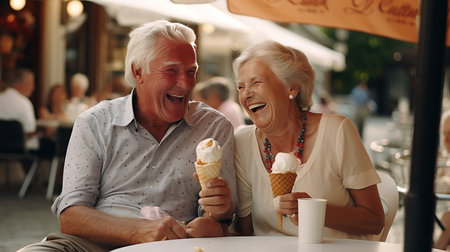 sweet senior couple eating ice cream.の素材