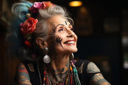 smiling old tattooed fashion woman with bold hair smoking a cigaretteの素材