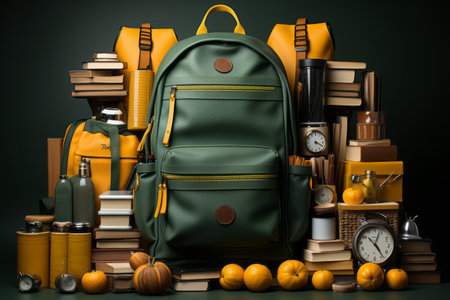 school supplies with a backpack, in the style of dark yellow and light greenの素材