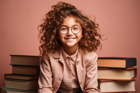 portrait of a happy child little girl with glasses sitting on a stack of books and reading a books, light pink backgroundの素材