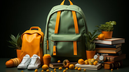 school supplies with a backpack, in the style of dark yellow and light greenの素材
