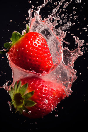 top view of sliced juicy strawberry splash in airの素材