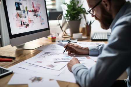 a designer is drawing a website design on a scrap of paperの素材