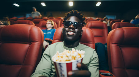 Black man eating popcorn in a movie theater, sitting and eating popcornの素材