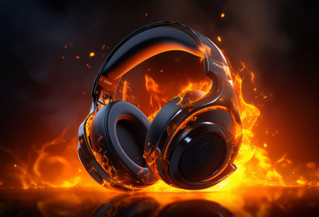 a pair of headphones with flames on the back, in the style of vray tracing, skillful lightingの素材
