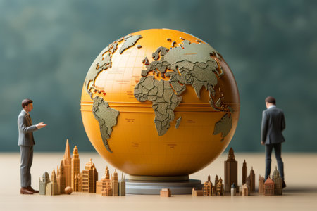 A group of people standing around a globeの素材