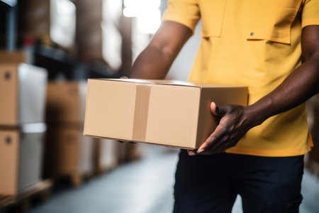 close up a worker moving Package Boxes on Pallet in Warehouse, hands visibleの素材