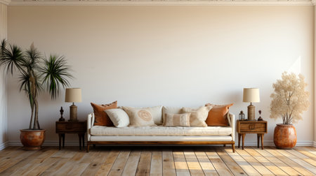 casual sofa in front of a single white empty wall, oiled wooden floorの素材