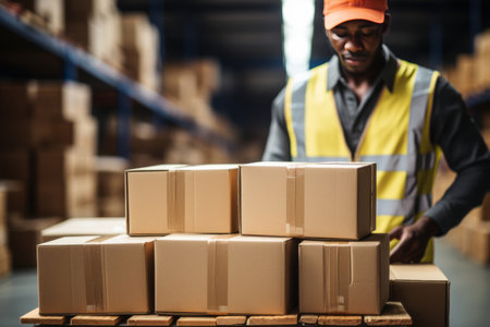 close up a worker moving Package Boxes on Pallet in Warehouse, hands visibleの素材