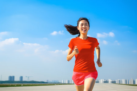 Chinese woman, aged 25, running outdoors, with a sense of training, enthusiasm, happiness, and blue skyの素材