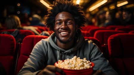 Man eating popcorn in a movie theater, sitting and eating popcornの素材