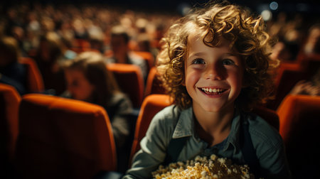 Child boy eating popcorn in a movie theater, sitting and eating popcornの素材