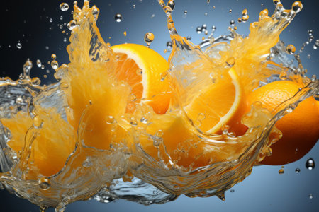 close up of sliced orange juice splash in air.の素材