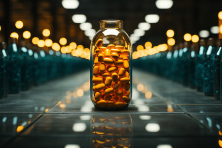glass bottle with empty pill capsules in the background, in the style of dark teal and goldの素材
