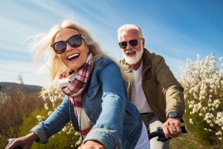 Happy older couple explore nature by bike on sunny day.の素材