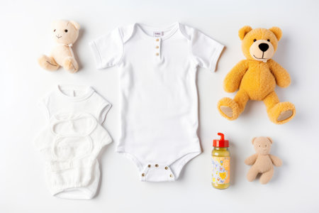 Cute baby clothes for boy and girl, rattle, bottle and dummy space in the middle, on white background top viewの素材