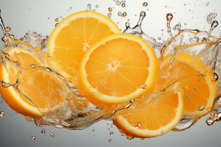 close up of sliced orange juice splash in air.の素材