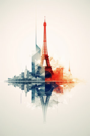 double exposure mid century modern Istanbul city, Bosporus bridge, and Paris city Eiffel tower togetherの素材