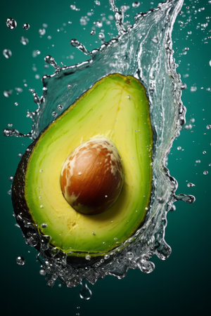 half avocado, splash in air, food photography, pastel color background, splashの素材