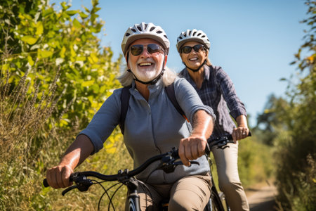 Happy older couple explore nature by bike on sunny day.の素材