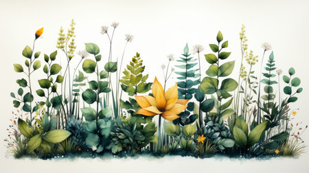 Lush green plants boho colors watercolorの素材