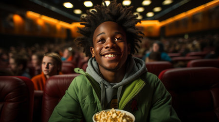 Man eating popcorn in a movie theater, sitting and eating popcornの素材