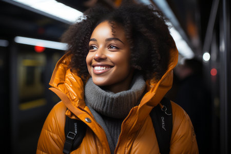 Happy young African American woman passenger smile and using smart mobile phone in subway train stationの素材