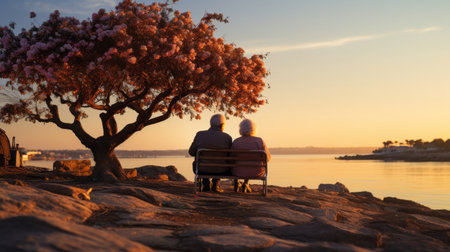 Older man and an old woman sitting on a wooden bench.の素材