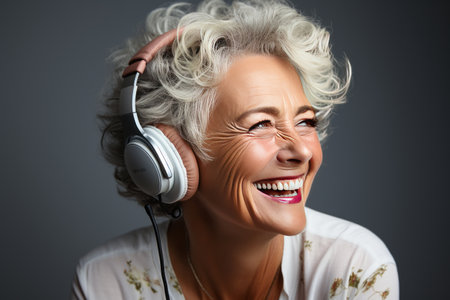 portrait a happy senior woman in wireless headphones dancing, singingの素材