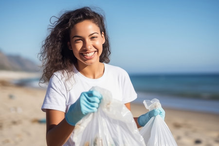 portrait close up smiling mixed race volunteer woman collecting trash on the beach, blue ocean and sky backgroundの素材