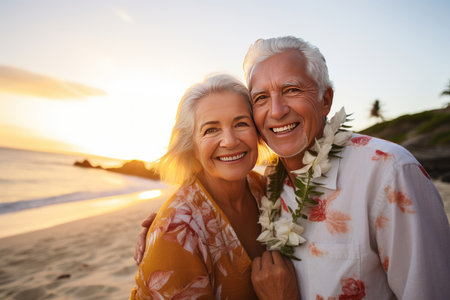 Portrait of 2 Happy seniors enjoying their golden years of retirement with a beach sunsetの素材