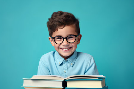 portrait of a happy child little boy with glasses sitting on a stack of books and reading a books, light blue backgroundの素材