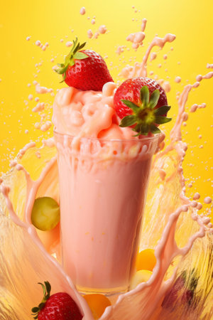 top view of strawberry smoothie splash in airの素材