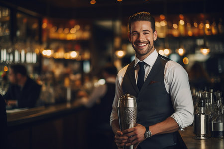 portrait smiling bartender mixes a cocktail in a shakerの素材