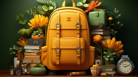 school supplies with a backpack, in the style of dark yellow and light greenの素材