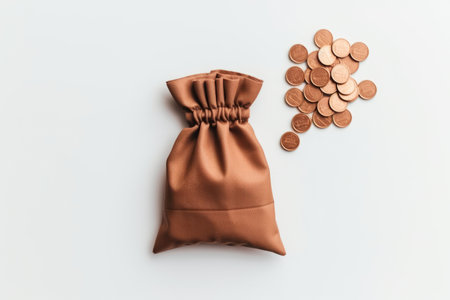 tiny money bag, isolated, minimalistic, high angle view, light backgroundの素材