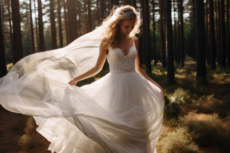 whirling bride holding veil skirt of wedding dress at pine forestの素材