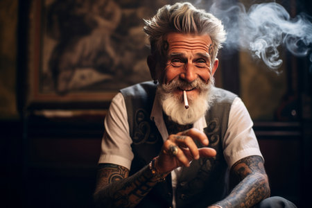 smiling old tattooed fashion man with bold hair smoking a cigaretteの素材