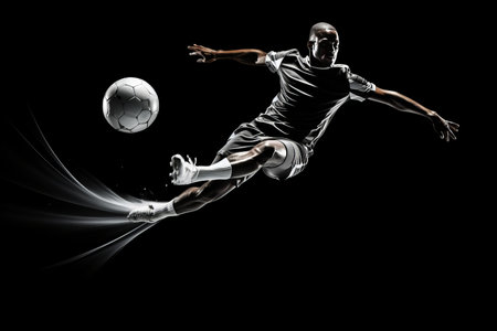 soccer player in mid air kicking ball on a black backgroundの素材