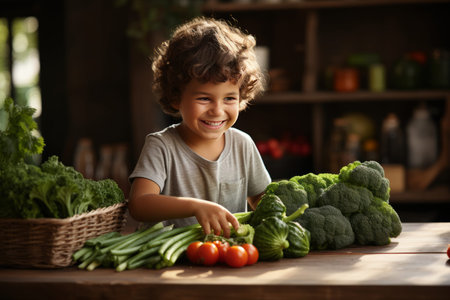 Happy child looking at box full of vegetables on kitchen tableの素材